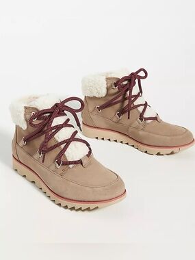 Sorel Tan Suede Lace-Up Shearling Ankle Boots with Burgundy Laces